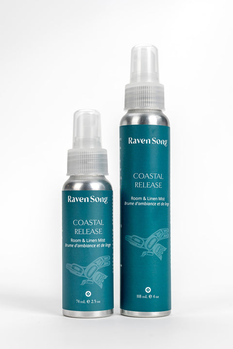 Two bottles of Raven Song Coastal Release room and linen mist on a white background