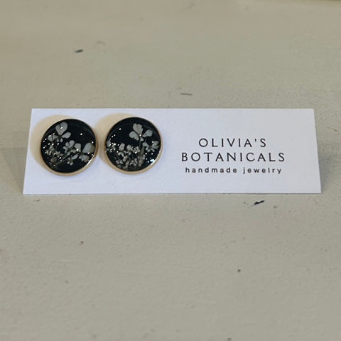 Large Gold Stud Earrings | White Flower with Black Background