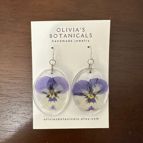 Olivia's botanicals silver dangle earrings purple pansies