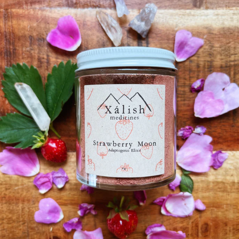 A jar of Strawberry Moon Adaptogenic Elixir by Xéalish Medicines, surrounded by strawberries, rose petals, and a crystal.