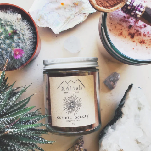 A jar of 'Xalish medicine cosmic beauty' adaptogenic longevity elixir surrounded by various plants and a cactus, suggesting a connection to nature and wellness.