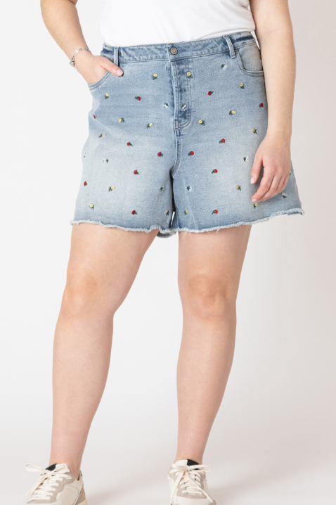 Frayed Hem Embroidered Denim Shorts | Medium Blue Wash