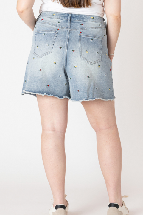 Frayed Hem Embroidered Denim Shorts | Medium Blue Wash