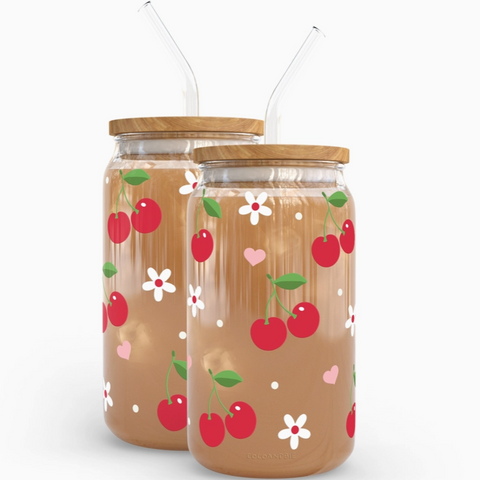 Cherry Hearts 16 oz Glass Cup