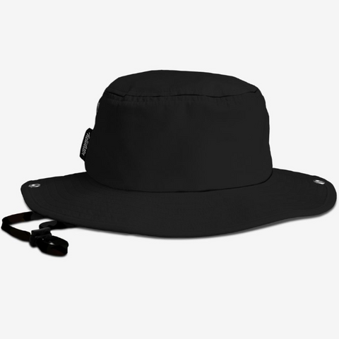 Black bucket hat with a strap on a white background