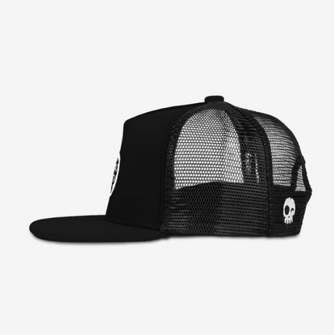 Black mesh cap with skull design on a white background