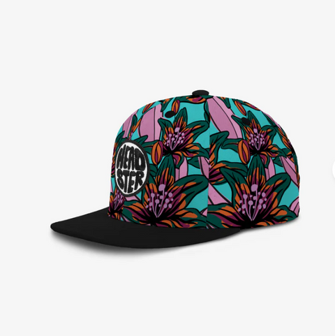 Colorful floral-patterned cap with a brand logo on a white background