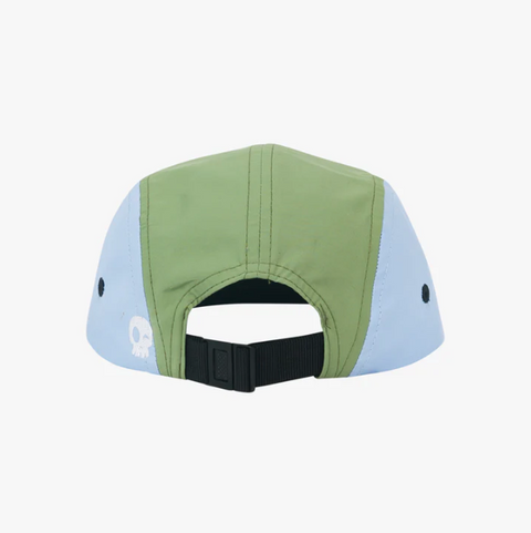Color-blocked cap with green and light blue sections on a white background