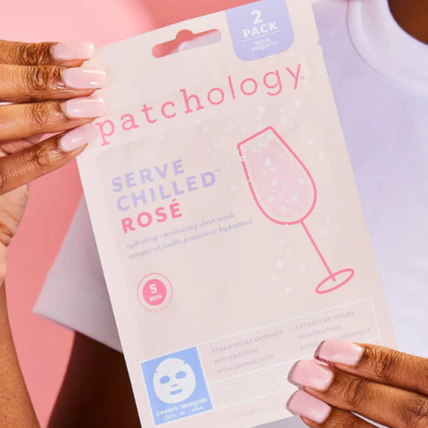 Patchology face mask packaging with a pink background