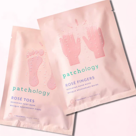 Two pink 'patchology' foot mask packages on a website page.