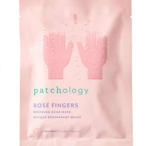 Patchology Rose Fingers Renewing Hand Mask packaging on a website page.