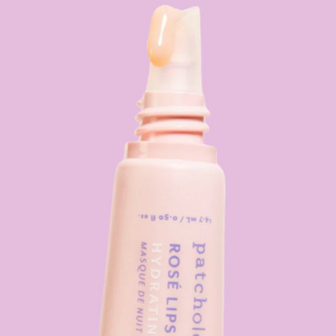 Patchology Rose Lips Hydrating Sleeping Mask on a website page with a pink background