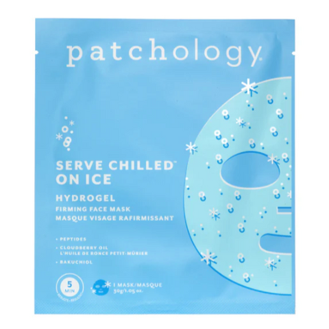 Patchology product page on a website with a blue mask packaging.