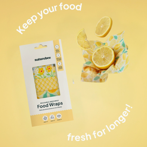 Packaging of Naturebee reusable bee wax food wraps with a lemon design on a yellow background.