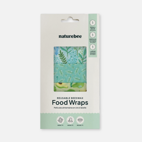 Pack of reusable beeswax food wraps with naturebee branding on a white background