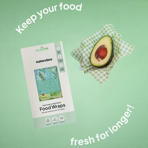 Naturebee reusable food wraps with an avocado on a green background