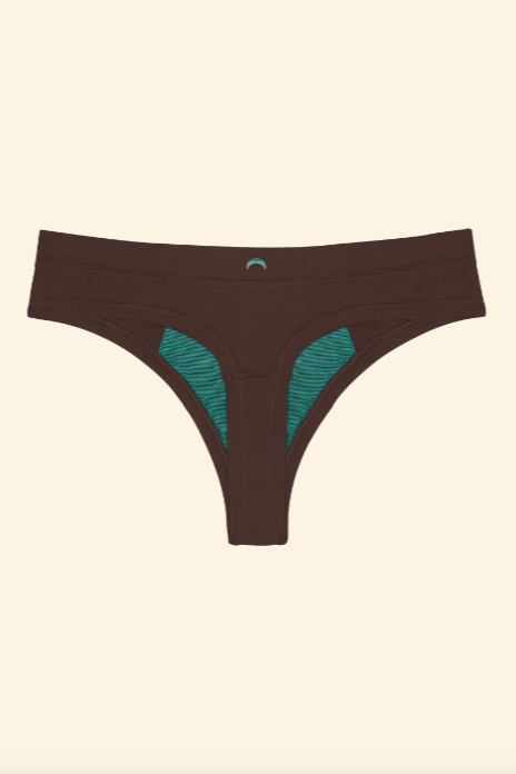 Brown thong with teal accents on a beige background