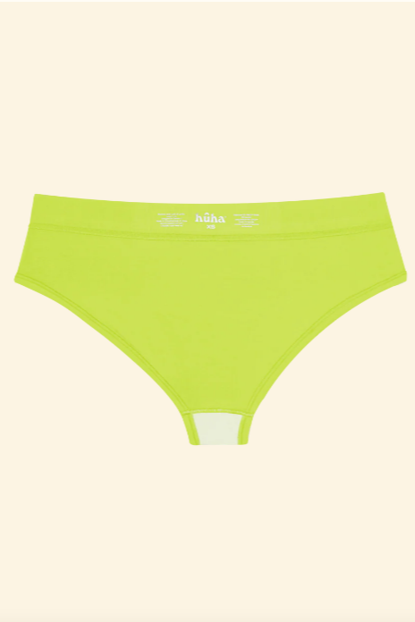 Green underwear with a brand logo on a beige background
