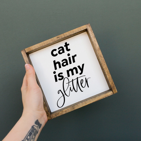Hand holding a sign with 'cat hair is my glitter' text against a dark background