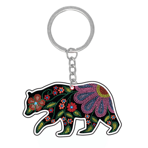 Keychain with a bear design featuring flowers on a white background