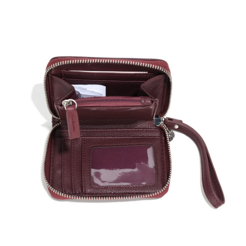 Open burgundy wallet with visible interior on a white background, featuring a recycling logo and text.