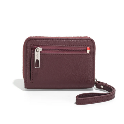 Maroon wallet with strap on a white background, featuring a recycling logo and 'vegan leather' text.