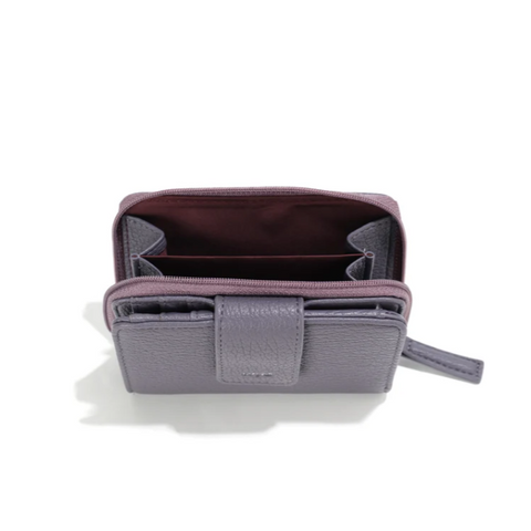 Gray pouch with a purple interior on a white background, featuring vegan leather label.
