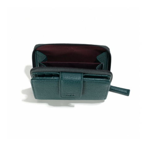 Green wallet with a strap on a white background