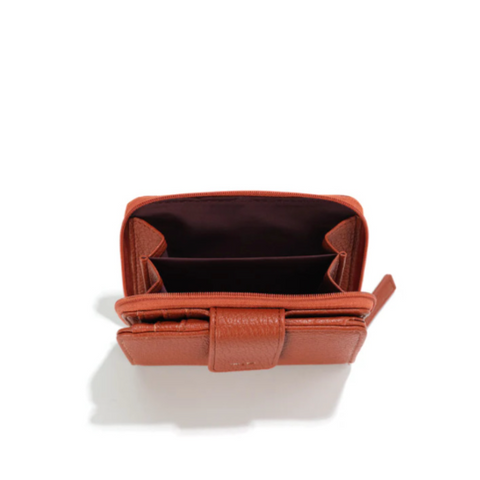 Brown leather wallet on a white background with product details.