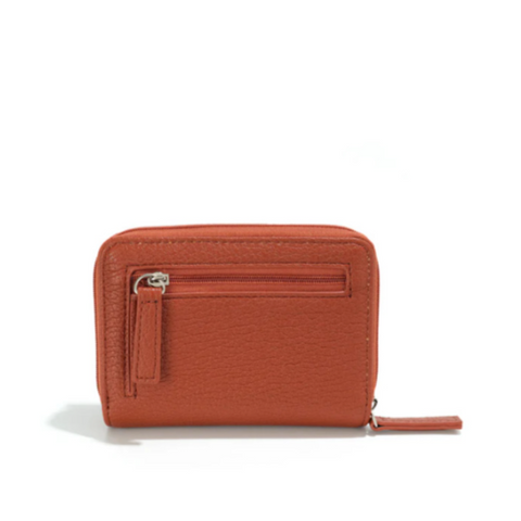 Red wallet on a white background with product details and Colab branding.