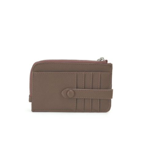 Brown wallet with a visible brand logo on a white background