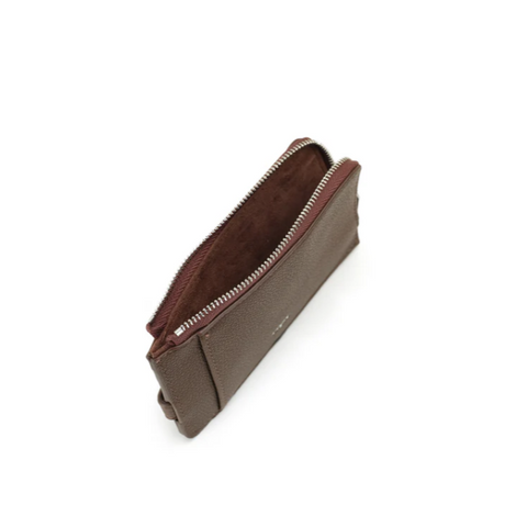 Brown leather pouch with zipper on a white background, featuring a vegan leather label.