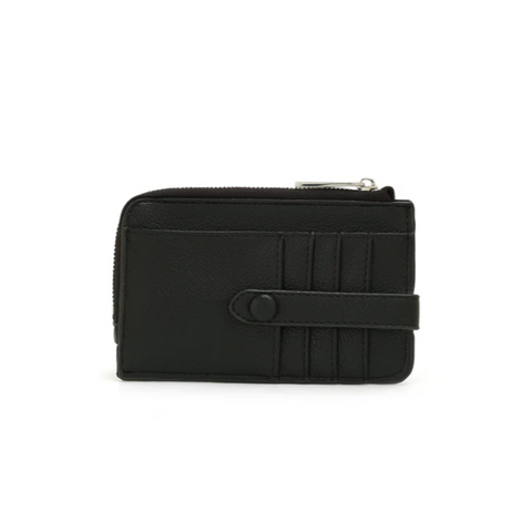 Black wallet with vegan leather label on a white background