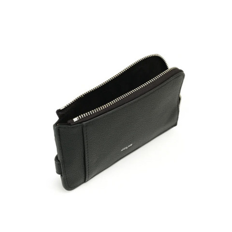 Black leather clutch bag on a white background with vegan certification logo.