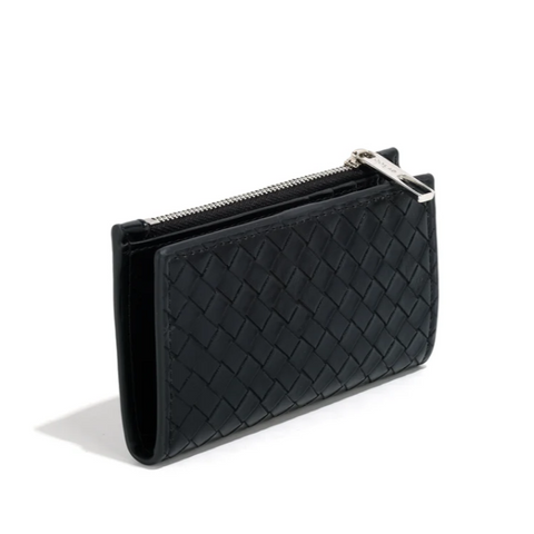 Black woven clutch bag on a white background with recycling and vegan label icons.