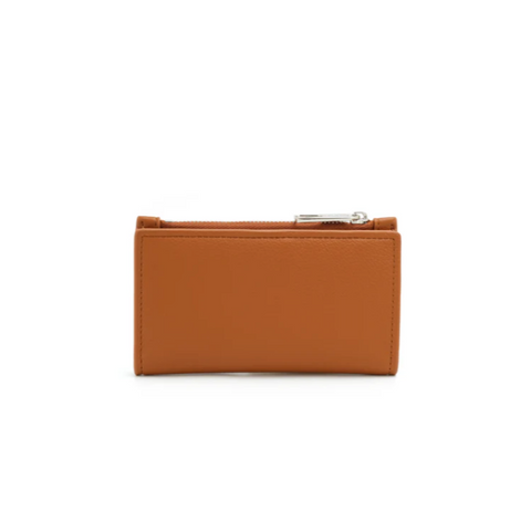Brown wallet with features listed on a white background