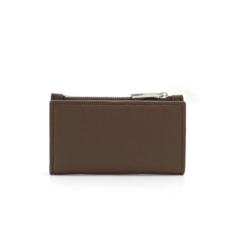 Brown leather pouch with a zipper on a white background, featuring a vegan label.