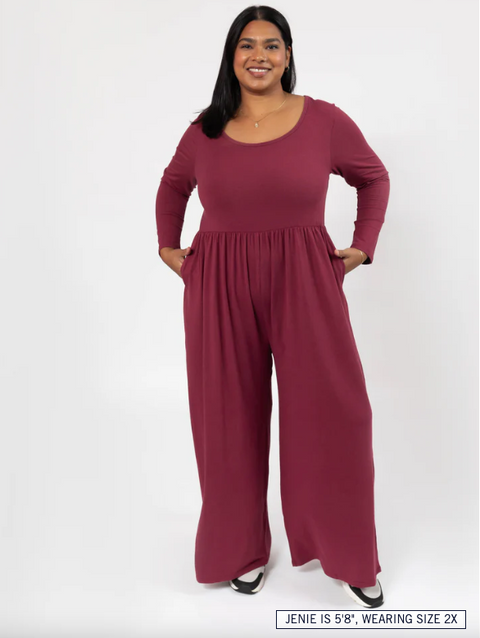 Camille Loose Long Sleeve Romper | Dark Cranberry