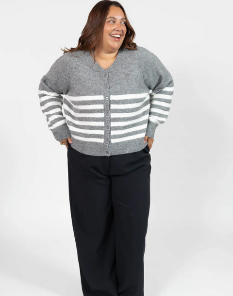 Mabel Striped Short Cardigan | Heather Grey/Ivory
