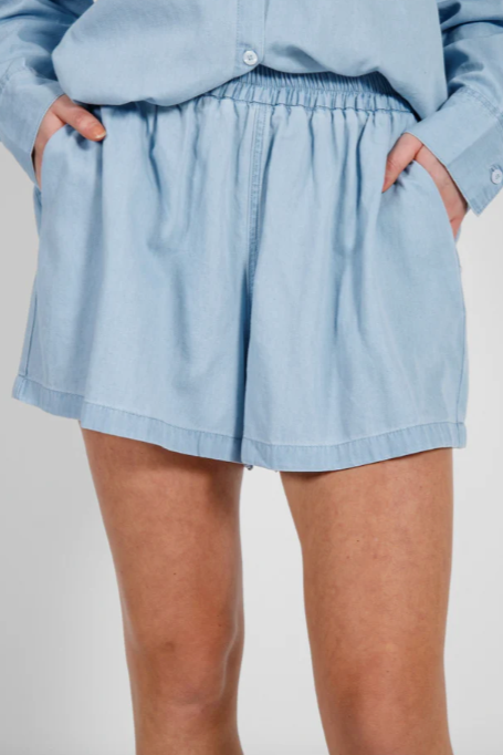 Chambray High Waist Shorts | Light Blue Denim