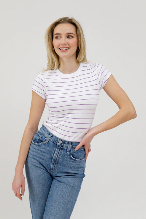 Ribbed Fitted T-Shirt | White with Lavender