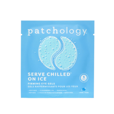 Patchology packaging with blue design and text on a white background