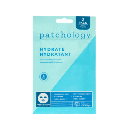 Patchology hydrate facial mask packaging on a white background