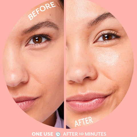 Woman applying a skincare product to her face with a purple background