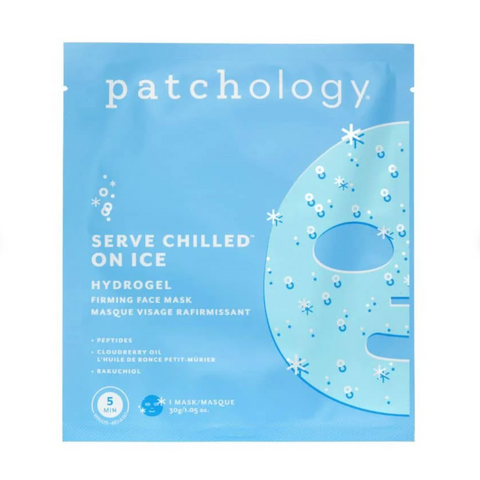 Patchology hydrogel face mask packaging on a white background