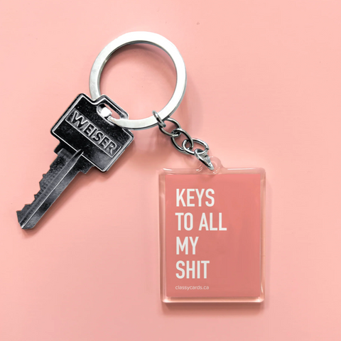 Keychain with a key and a square tag reading 'Keys to all my shit' on a pink background