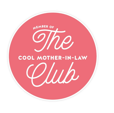 Pink circle with white text 'Member of The Cool Mother-In-Law Club' on a white background