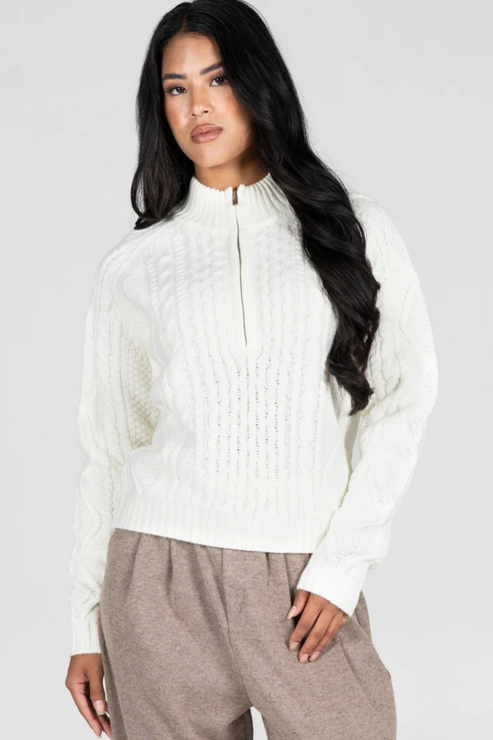 Cable Knit Zip Front Sweater | Ivory – West Coast Wildflowers