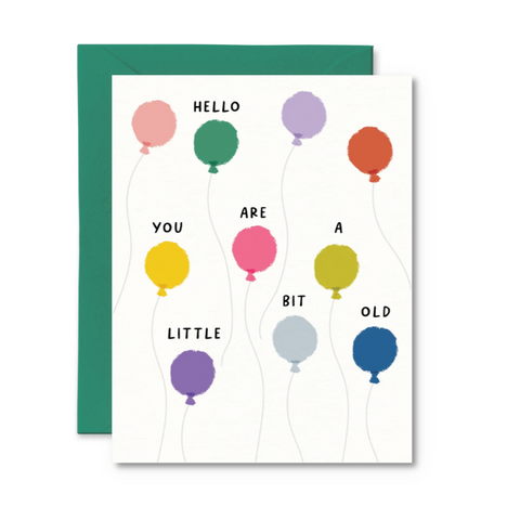 Greeting card with colorful balloons and text on a white background