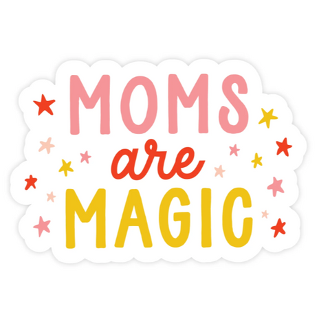 Sticker with 'Moms are Magic' text and colorful stars on a white background